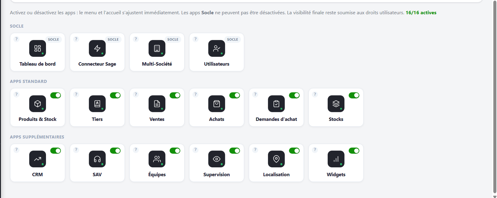 L’écran Apps : activer ou désactiver chaque module ; les apps « Socle » restent verrouillées (16/16 actives).