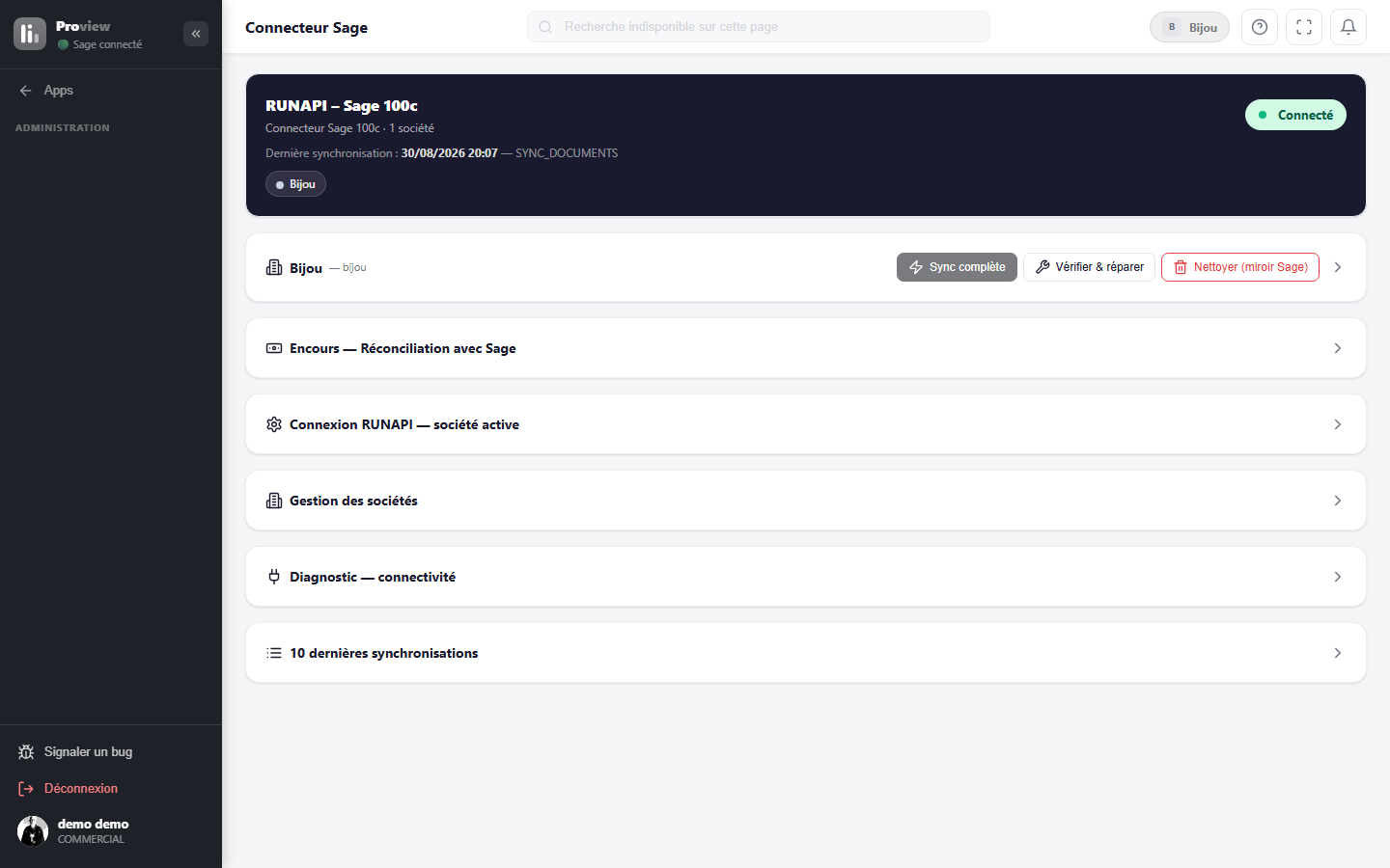 Le connecteur RUNAPI ↔ Sage 100c : état de la liaison, synchronisation et diagnostic.