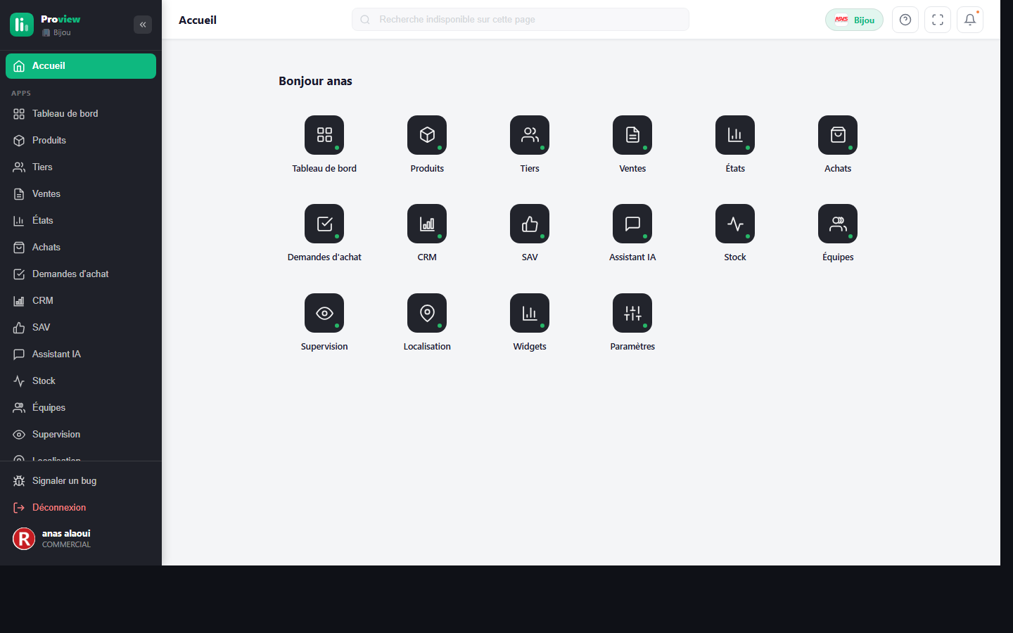 L’écran Apps : le lanceur d’applications de Proview, une tuile par module.